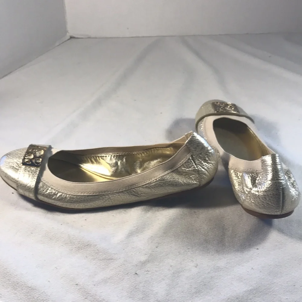 Coach Dora Cuba Textured Metallic Platinum Gold Logo Women's Ballet Pull On Flat